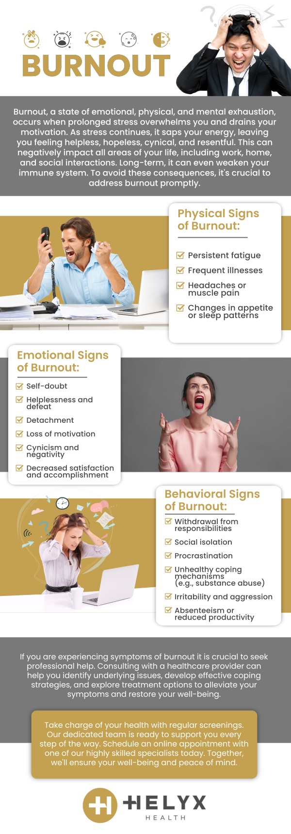 Infographic on burnout care at Helyx Health, covering exhaustion, reduced motivation and the effects of prolonged work stress, and the support available.